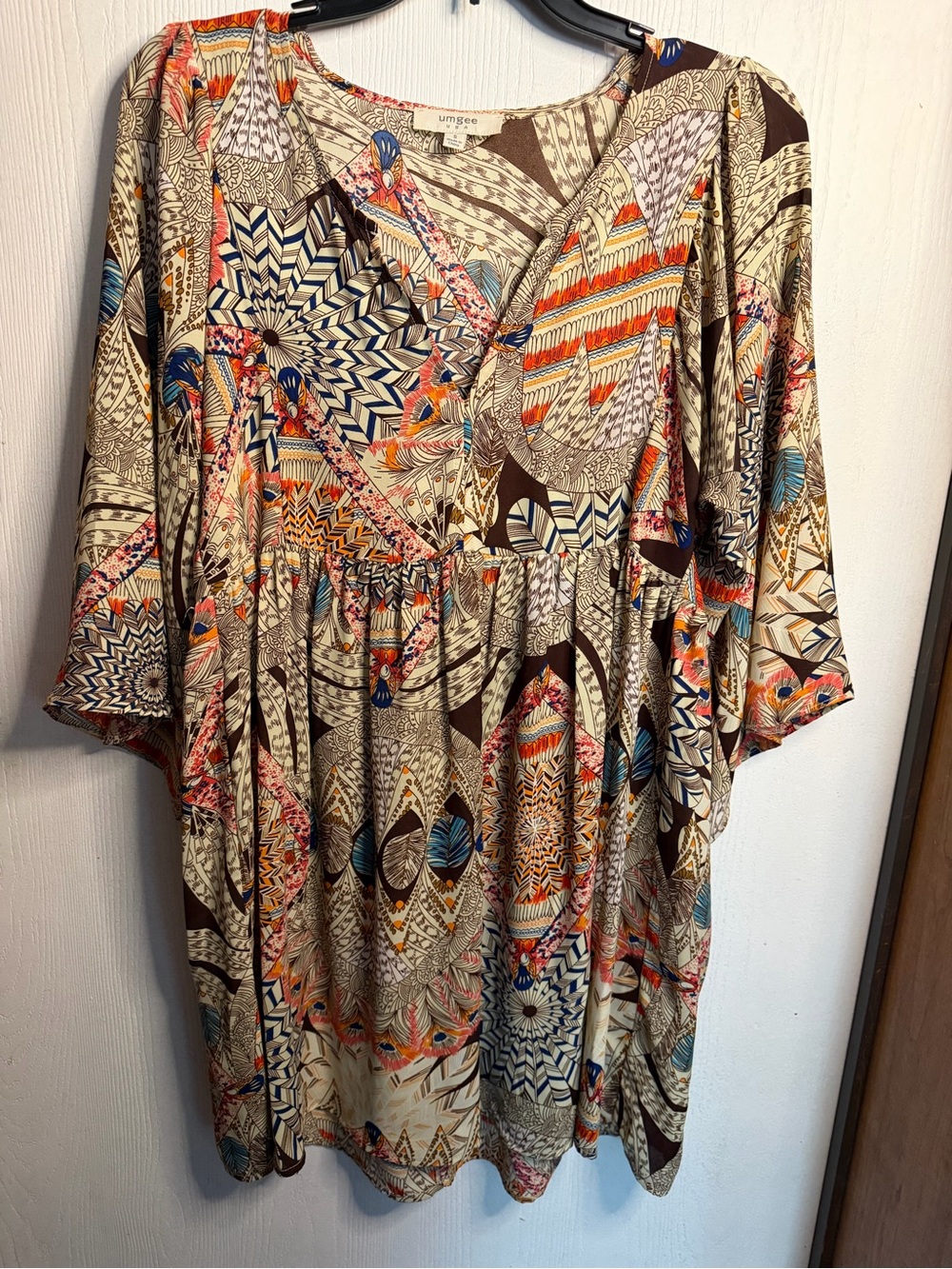 Umgee Multicolor Boho Tunic Dress - Beige, Brown & Blue Accents